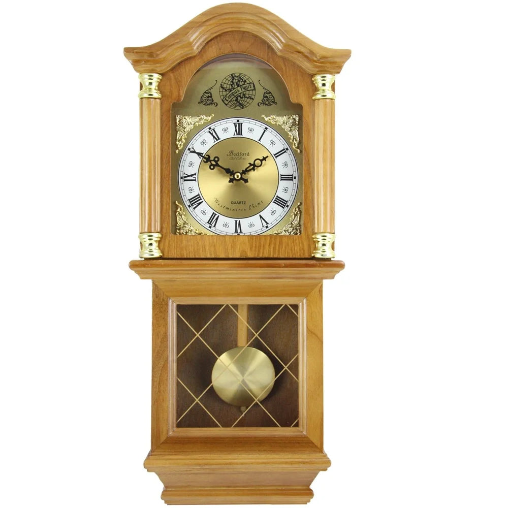 Classic Golden Oak Wall Clock with Swinging Pendulum Harmonic Chimes Adjustable Volume Decorative Carved Accents