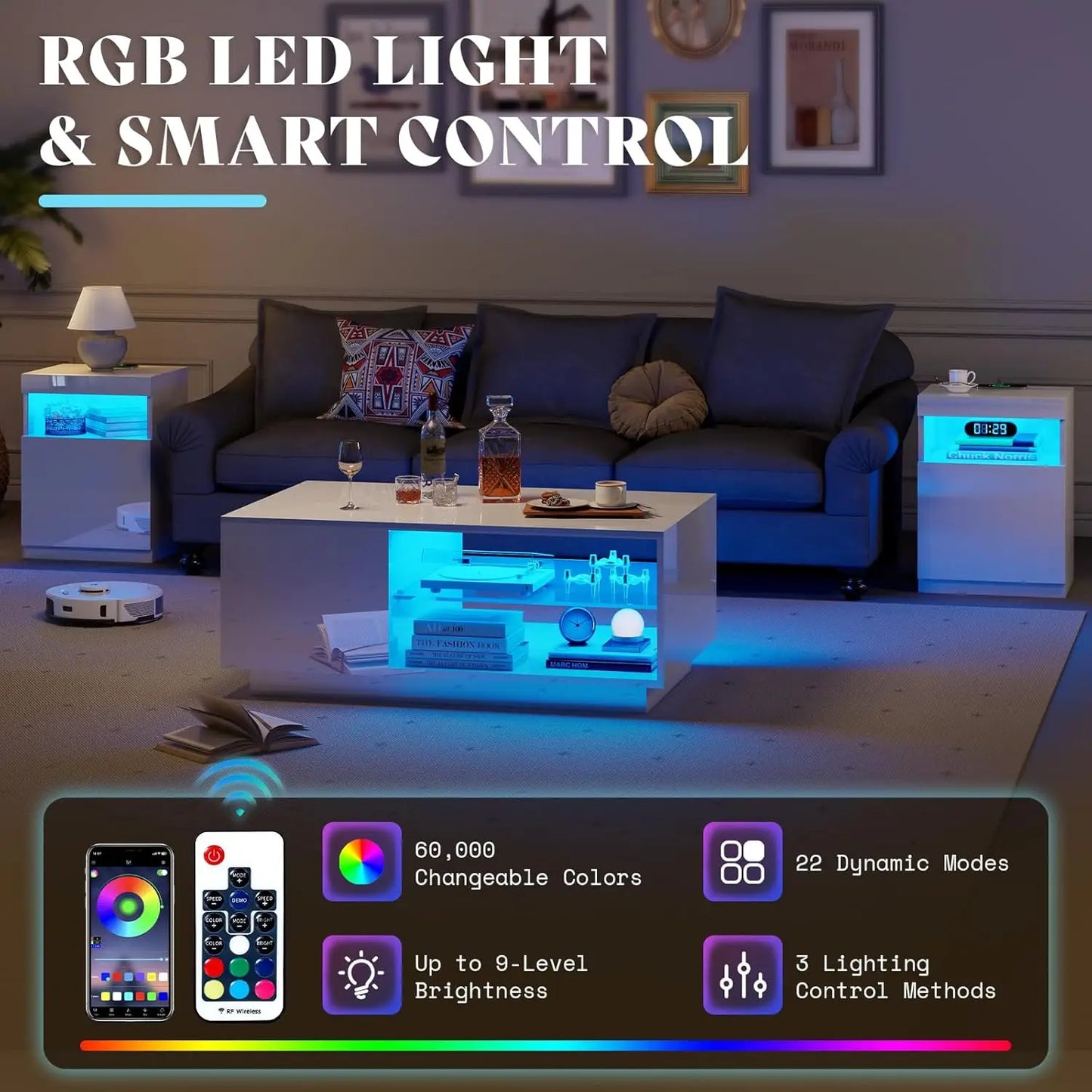 4 Piece Living Room Table Set Includes 70 Inch Fireplace TV Stand Modern Coffee Table LED Light Nightstands Set of 2 High Glossy Table Sets for Living Room Bedroom Office White and Black