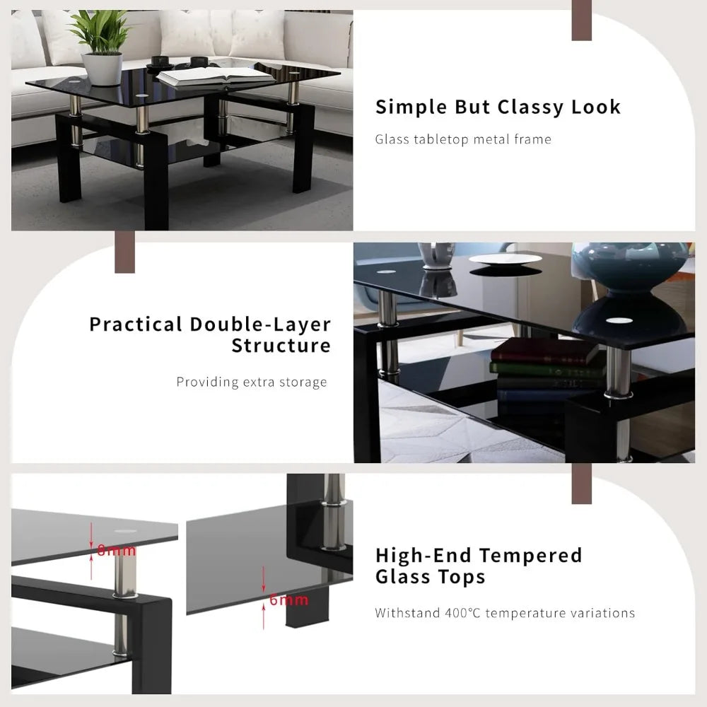 Glass Coffee Table 3-Piece Set With Metal Frames End Tables