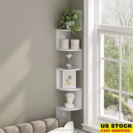 5-Tier Floating Corner Shelf Wall Mount Storage Display Unit Indoor Use Durable Composite Wood Easy Assembly