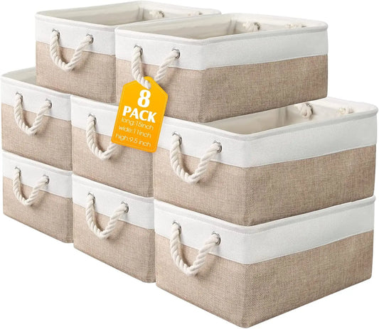 8 Pack Collapsible Fabric Storage Bins Polyester Baskets With Handles Linen Closet Organizer For Home Shelf Beige