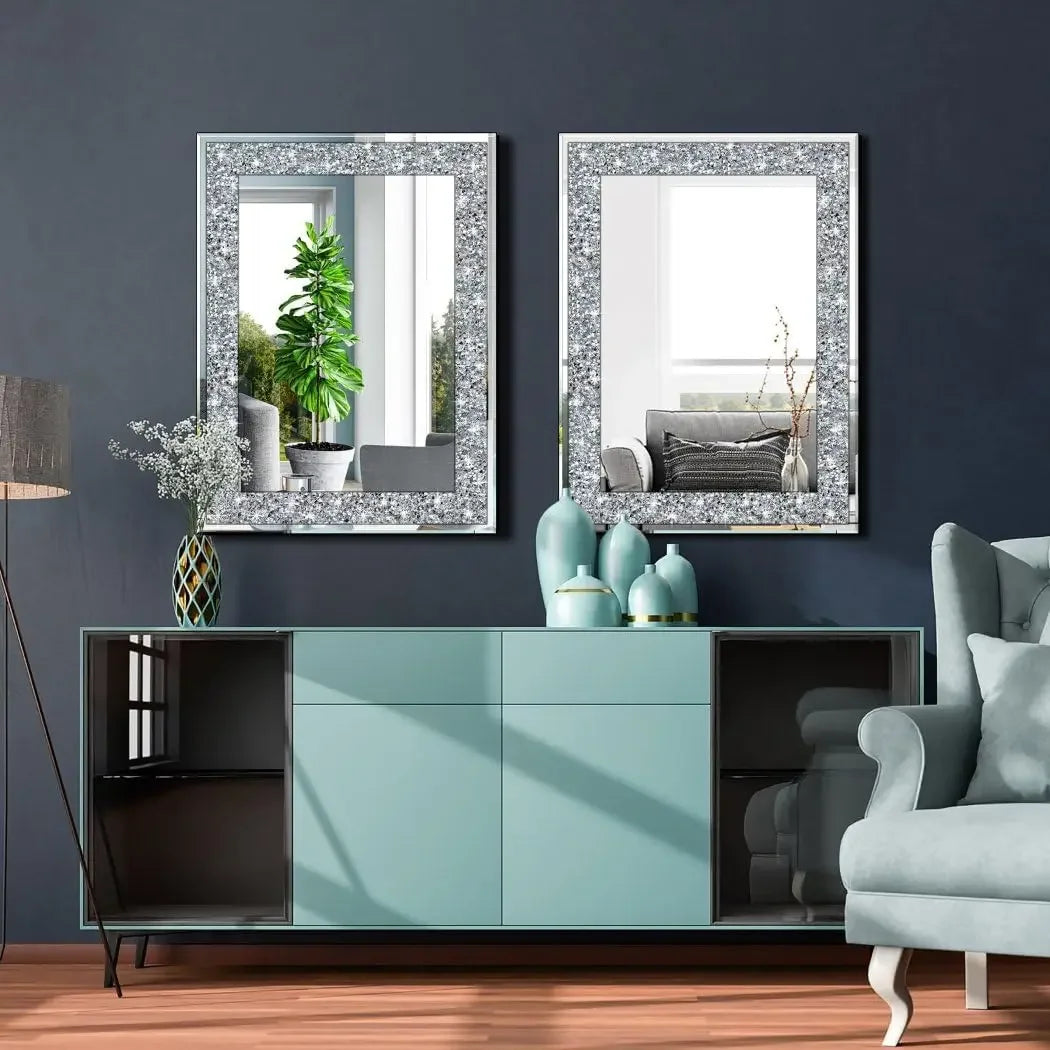 Crystal Crush Diamond Rectangle Wall Decoration 20x28 Inch Frameless Mirror Silver Acrylic Decor