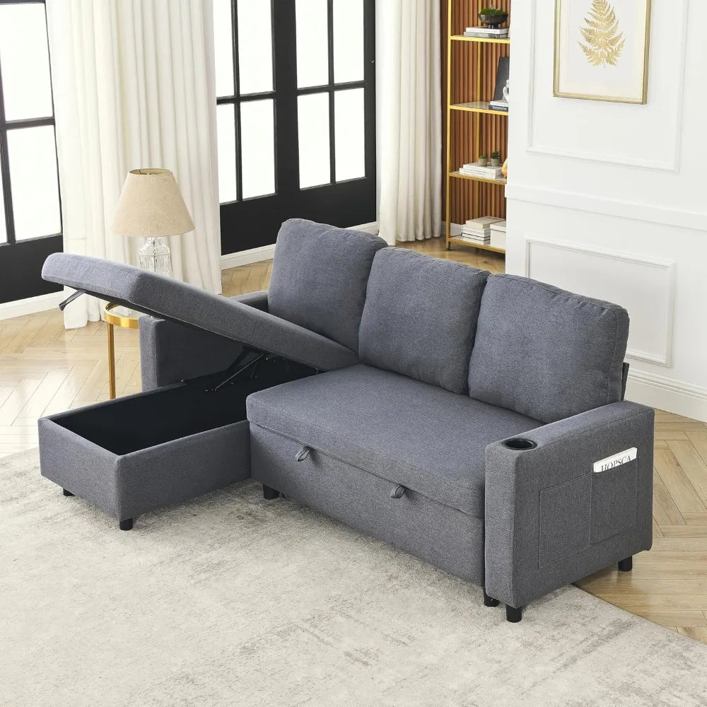 78.5 Inch Linen L Shaped Convertible Sofa Bed with Reversible Storage Chaise and Pull Out Sleeper Sofabed