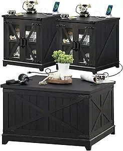 Farmhouse Coffee Table Set 3 Pieces Large End Side Tables with Charging Station and Hidden Storage Compartments