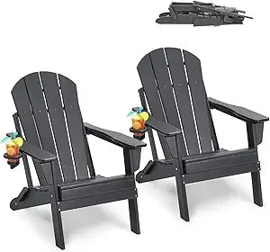 Folding Adirondack Chairs Set of 2 with Cup Holder All Weather Portable Plastic Fire Pit Chair Outdoor Adirondack Patio Chair