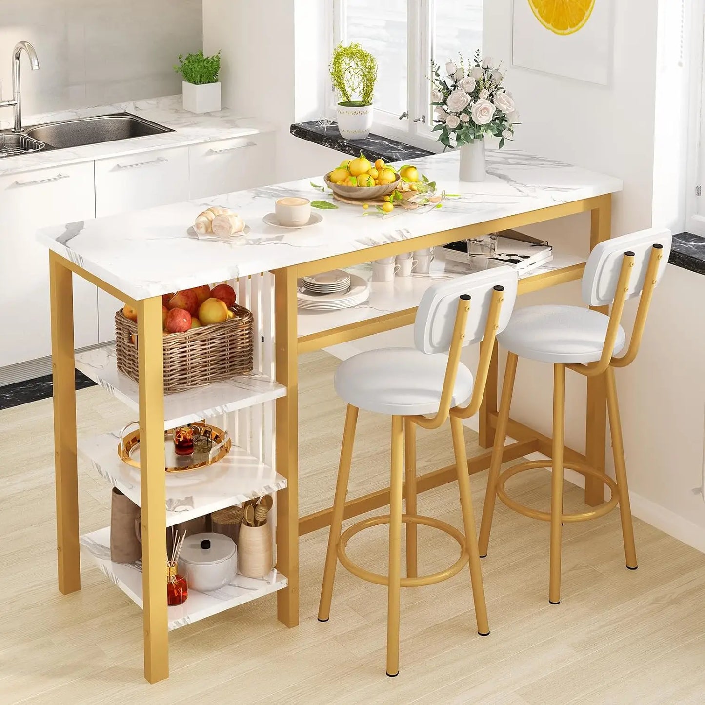 Bar Table Set with Storage Shelves, 47" Modern White Faux Marble Breakfast Table with 2 Velvet Stools, 3-Piece Dining Set for 2