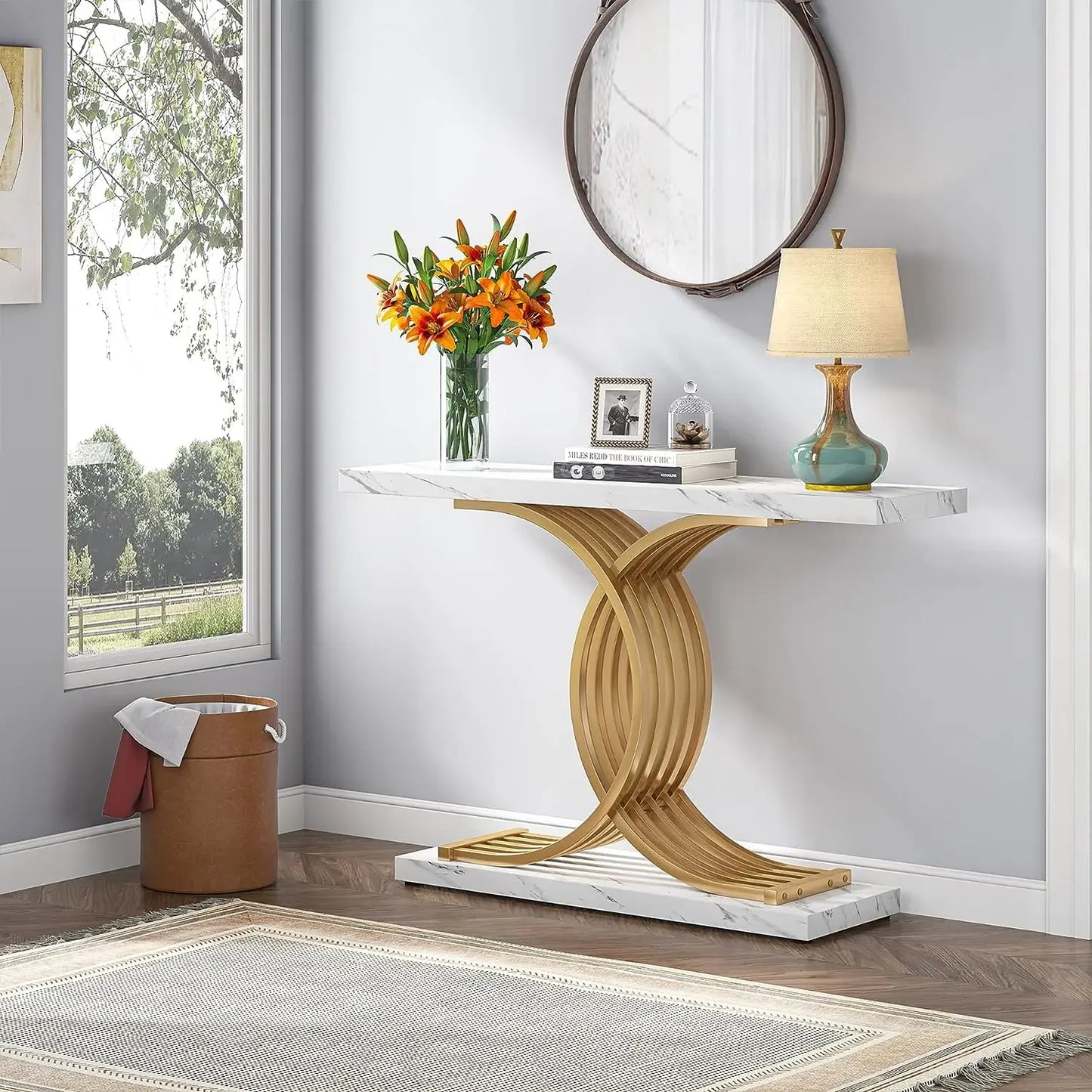 Tribesigns Gold Entryway Table Modern 39 Inch Console Faux Marble Narrow Wood Sofa with Geometric Metal Legs