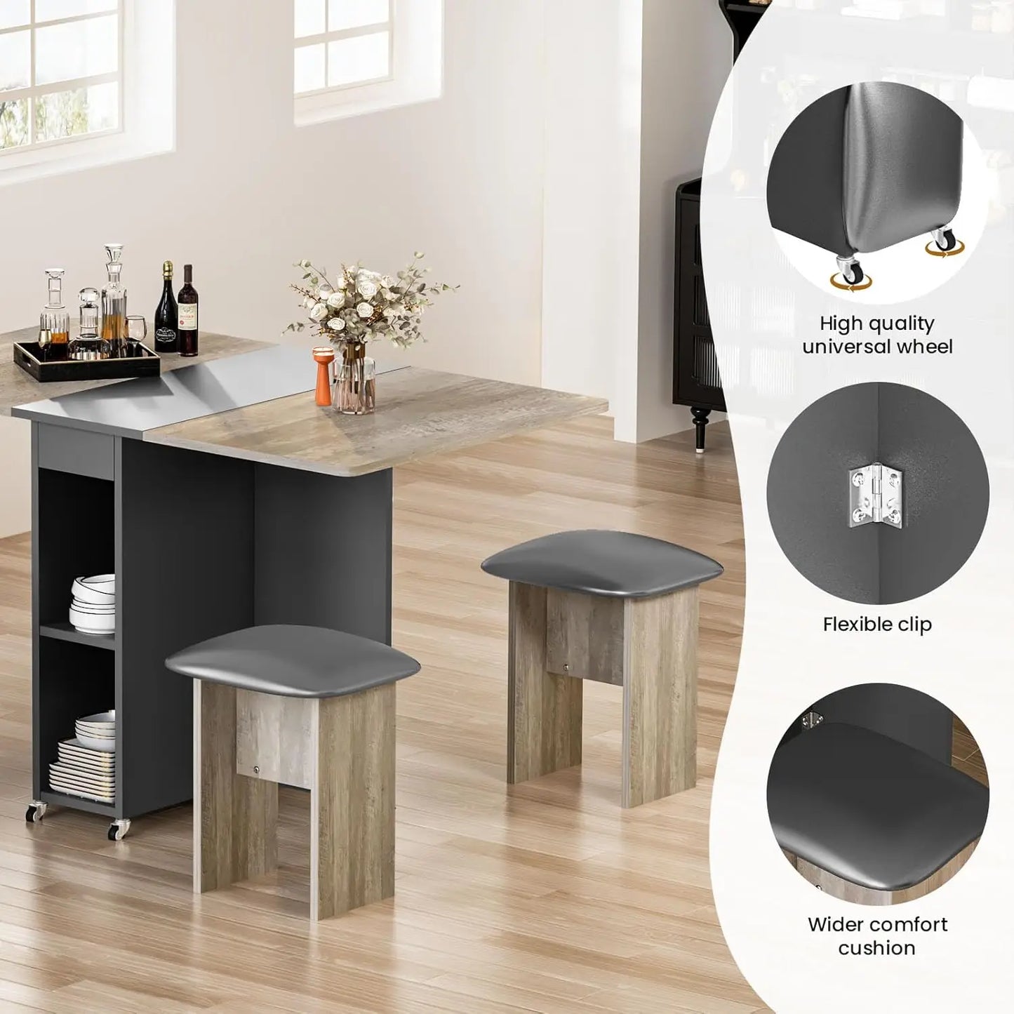 Folding Dining Table Set for 4 with 4 Leather Chairs