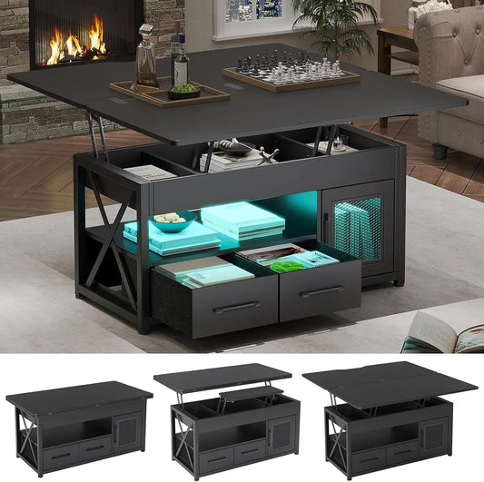 40 Inch Lift Top Coffee Table 4 in 1 Versatile Coffee Tables with Storage Cabinet for Living Room Small Farmhouse Style with 2 Fabric Bins