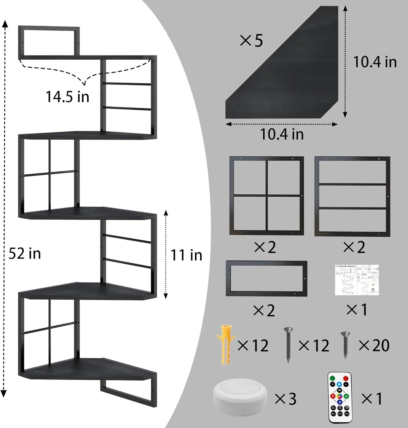 Floating Corner Shelves with Light - 5 Tier Metal Corner Shelf Wall Mounted for Bedroom Living Room Office Kitchen