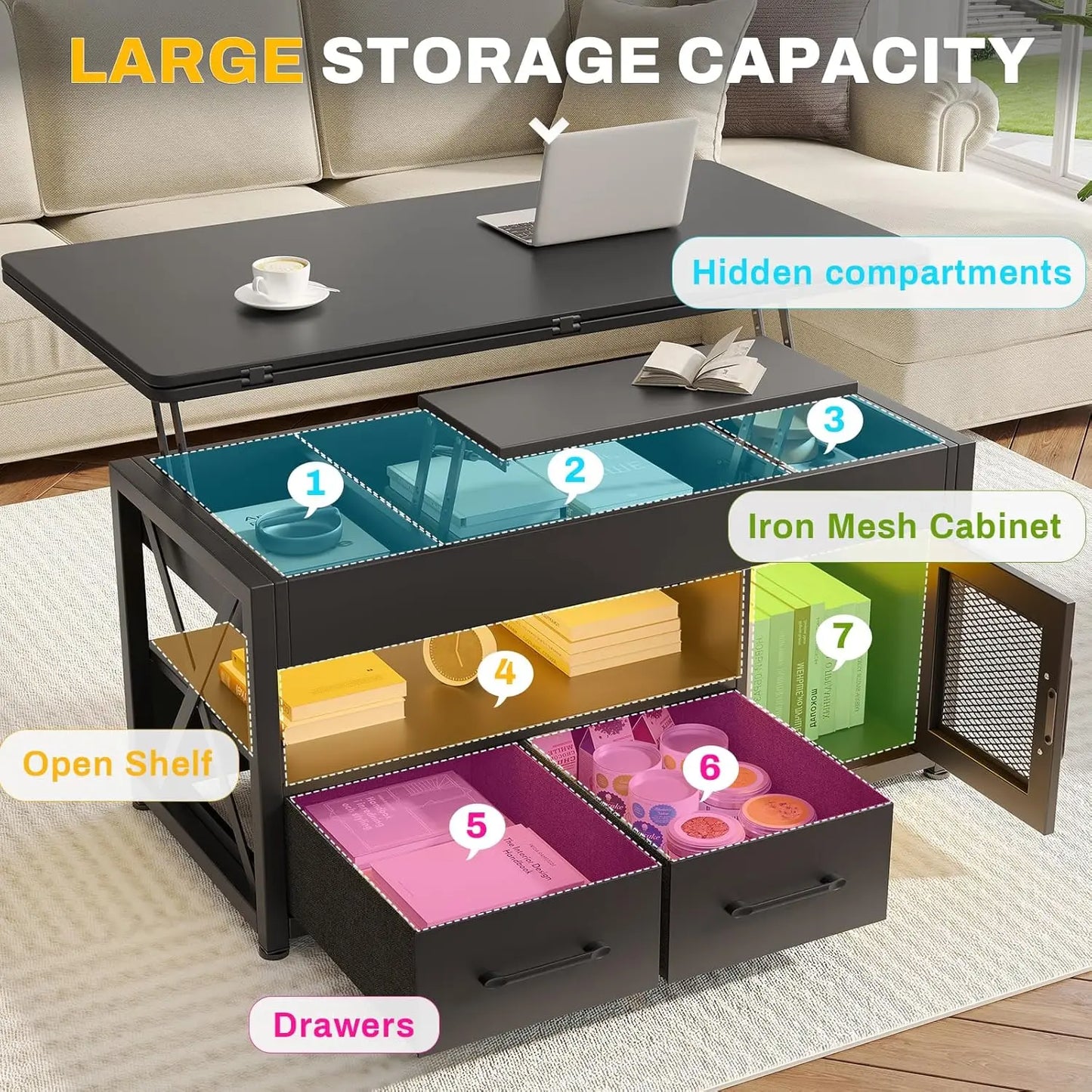 40 Inch Lift Top Coffee Table 4 in 1 Versatile Coffee Tables with Storage Cabinet for Living Room Small Farmhouse Style with 2 Fabric Bins