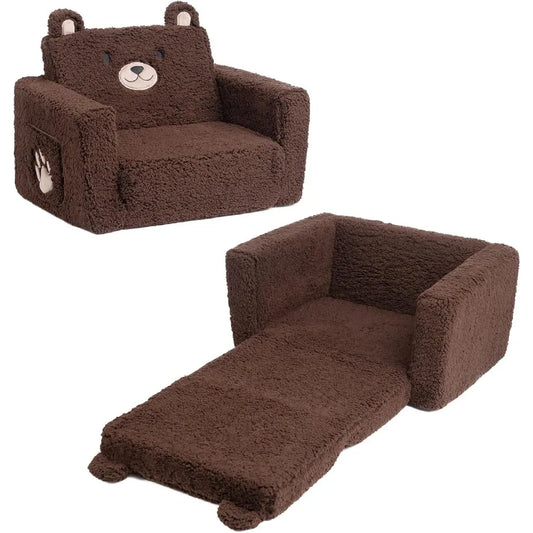 LISM Fold Out Toddler Couch 2in1 Sherpa Bear Sofa Chair