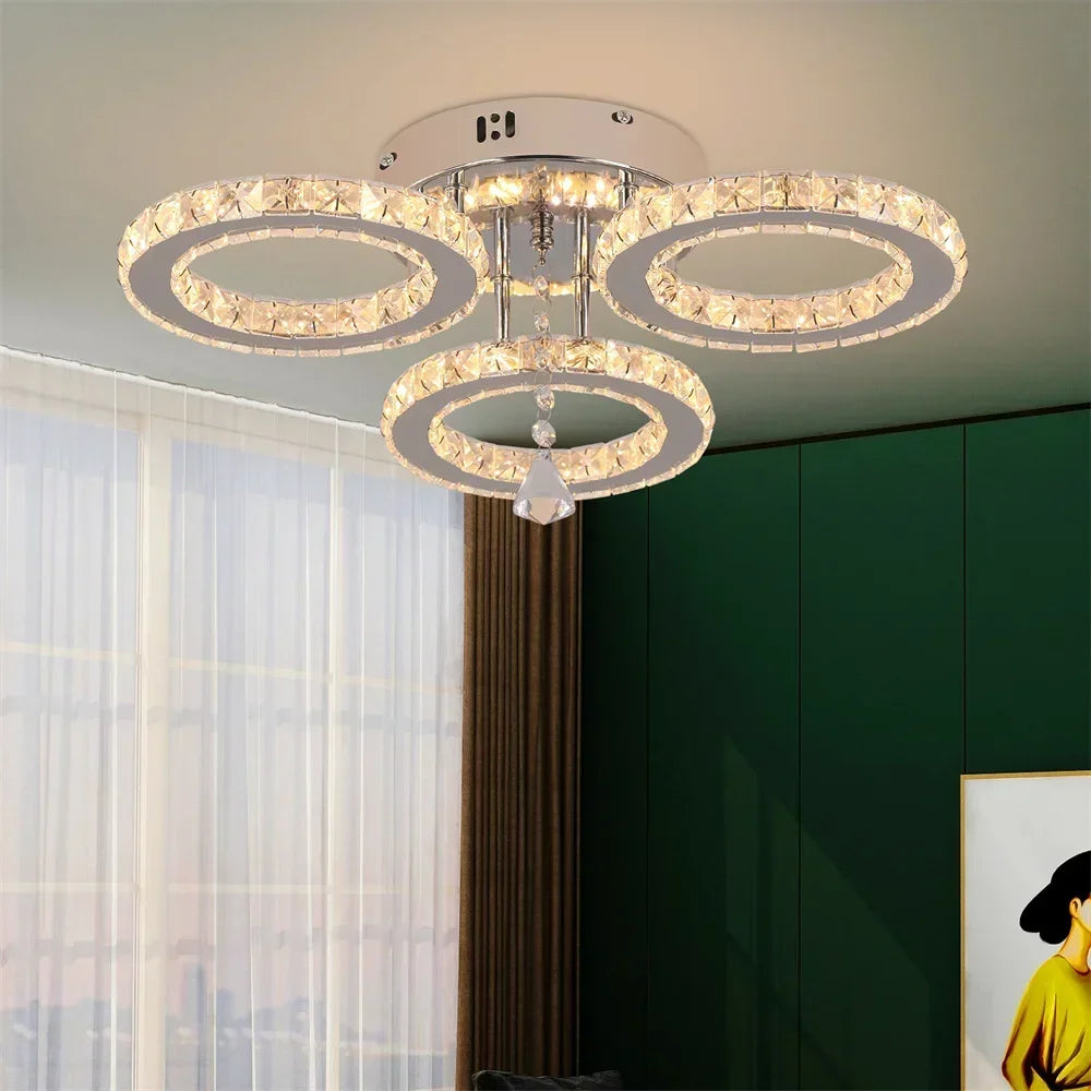 Modern Crystal Chandelier App Dimmable Ceiling Light Fixture Rings Shape Flush Mount for Bedroom Living Room