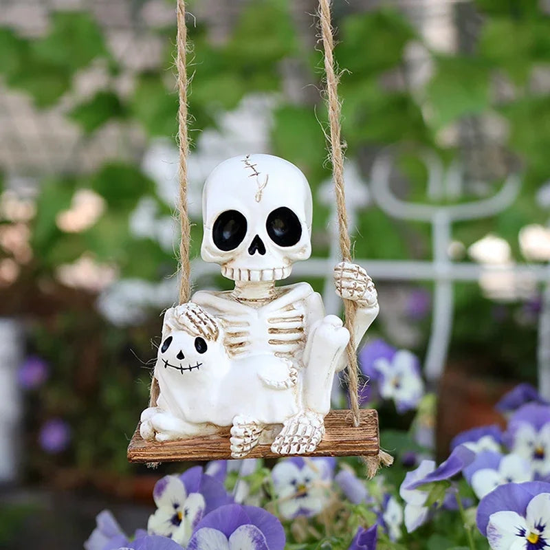 Liaoning Zhejiang Polyresin Halloween Swing Skull Holding Ghost GardenPatioDisplay Statue