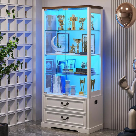 Display Cabinet with Glass Doors 67 Inch Adjustable Display Shelf 2 Drawers and 4 Tier Curio Cabinet Tall Bookcase with 3 Color Options