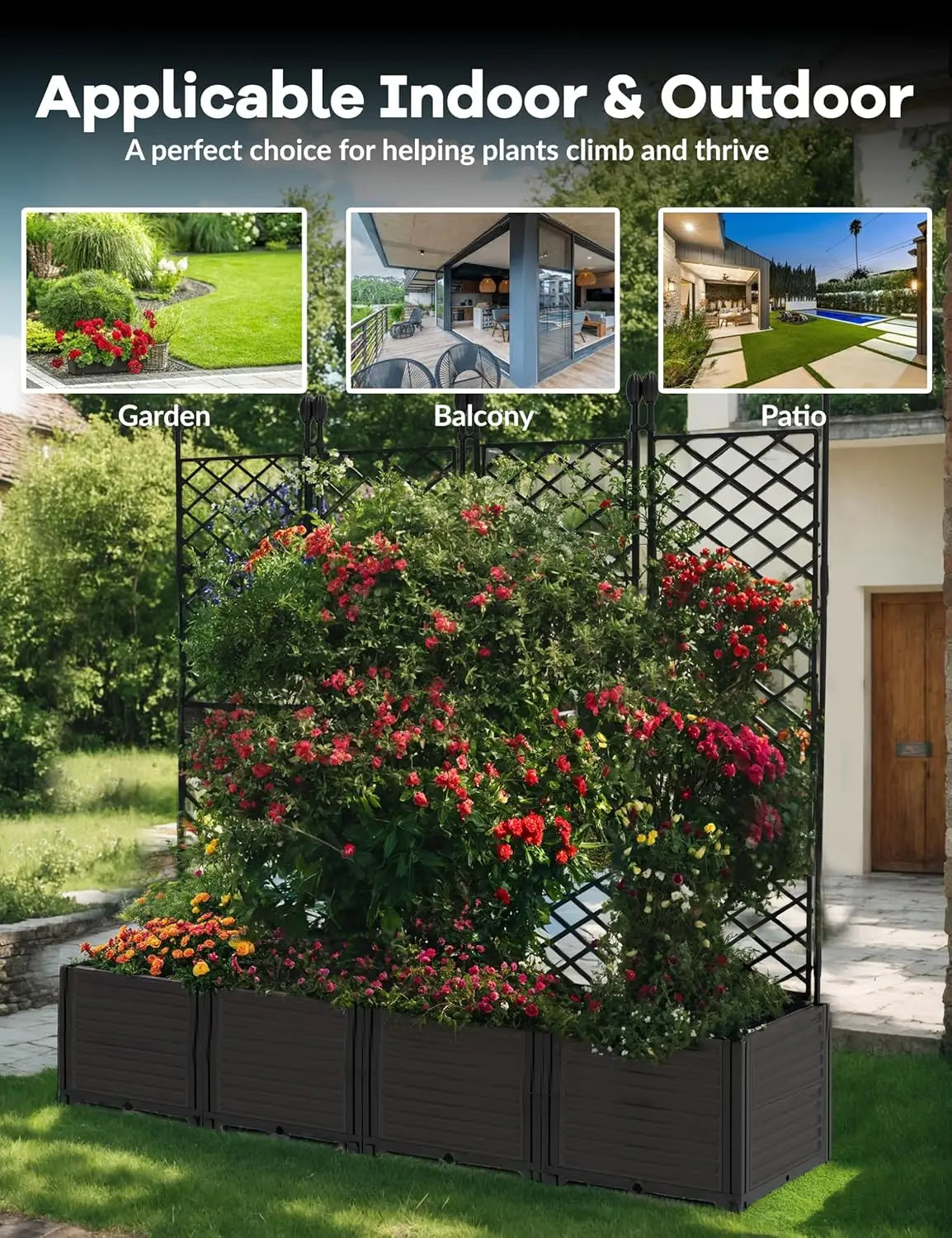 Plastic Plant Box with Metal Trellis Raised Garden Bed for Climbing Plants Outdoor Privacy Screen Planter
