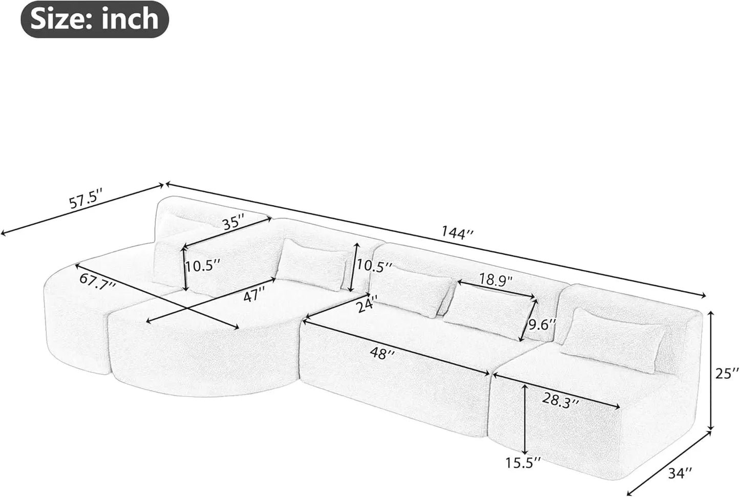 XMSJ Modular Sofa Boucle Fabric With 2 Chaise Lounges