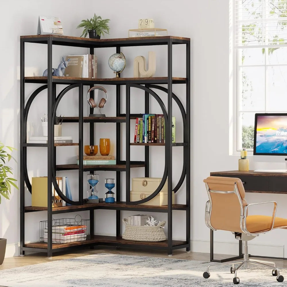 L Shaped Corner Bookshelf With Metal Frame For Storage