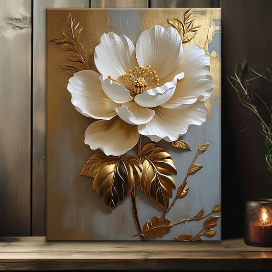 1PC Elegant White Floral Canvas Art Vintage Gold Flower Wall Decoration