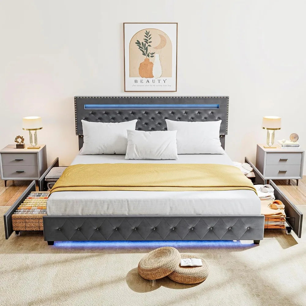 BedsPick Queen Size Bed Frame with LED Lights, Velvet Upholstered Platform Queen Bed Frame with 4 Storage Drawers and Adjustable
