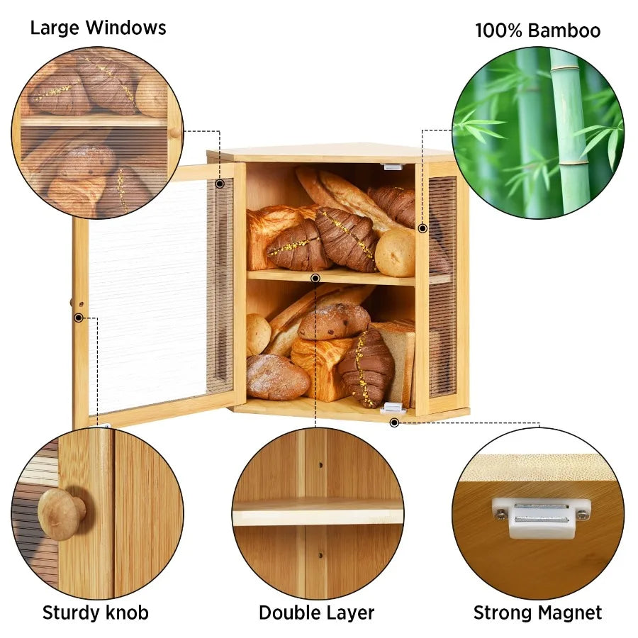 Hign-concerned Bamboo Bread Box 2 Tier Adjustable Height
