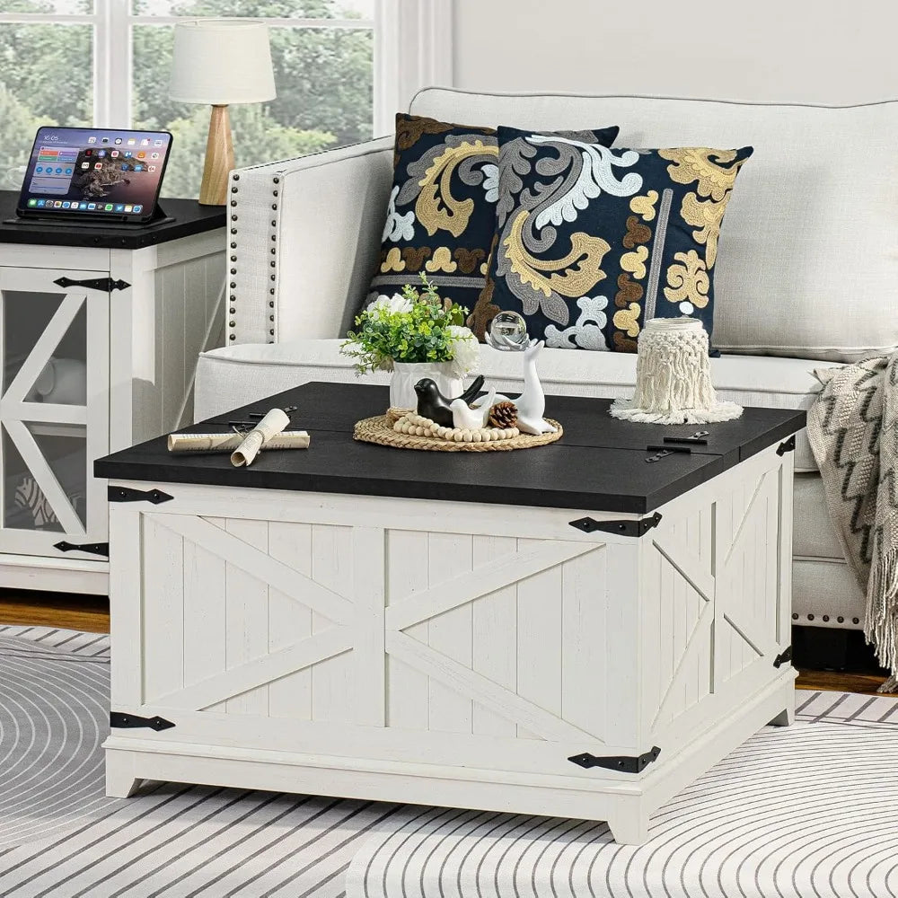 Farmhouse Coffee Table Set 3 Pieces Large End Side Tables with Charging Station and Hidden Storage Compartments