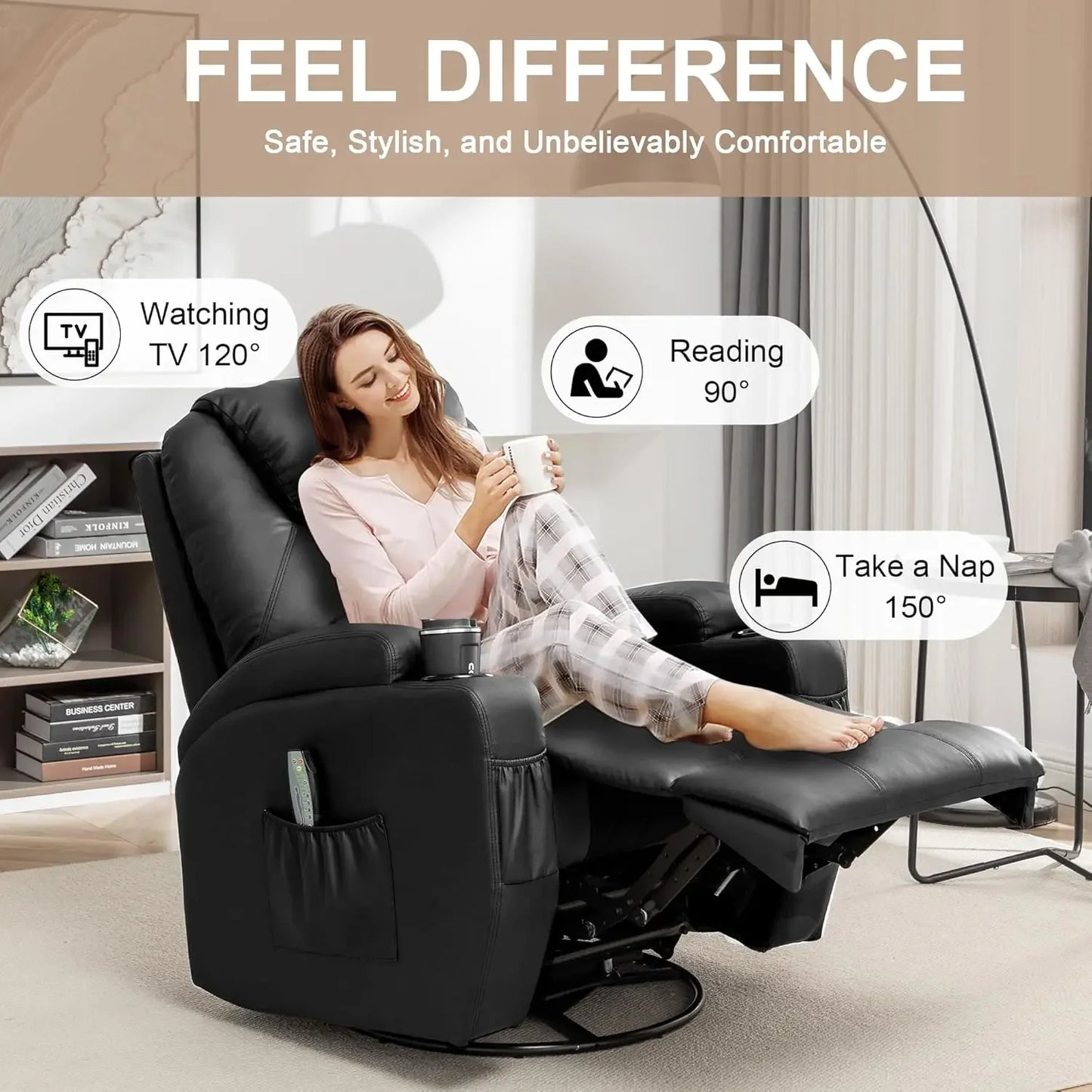 Rocking Chair with Massage and Heat 360 Degree Swivel Recliner for Adults Manual Recliner with Remote Control and Cup Holder for Living Room Bedroom Nursery