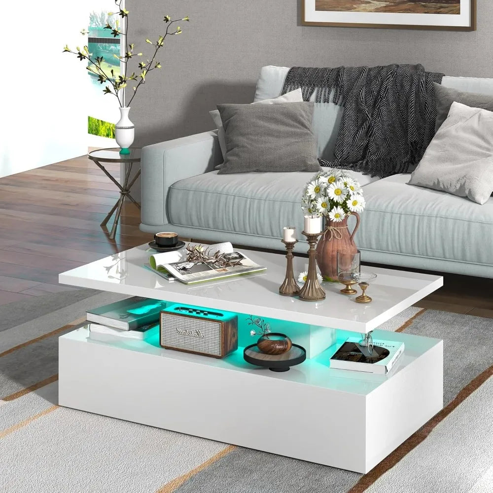 LED Coffee Table Modern High Gloss Coffee Table with 20 Color LED Lights Adjustable Speed and Brightness Remote Control Open Shelf