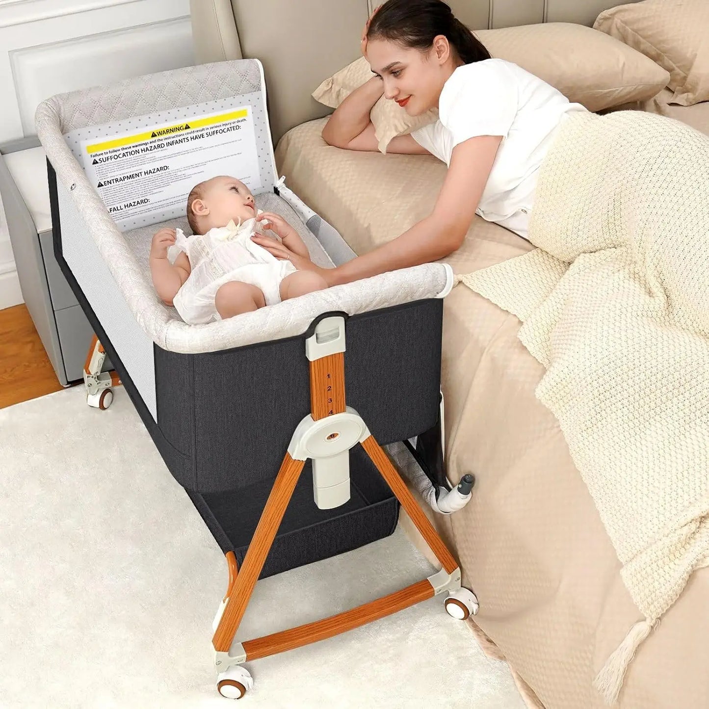 Baby Bassinet Bedside Sleeper 3 in 1 Portable Bassinet with Wheels