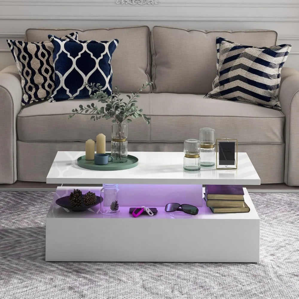 LED Coffee Table Modern High Gloss Coffee Table with 20 Color LED Lights Adjustable Speed and Brightness Remote Control Open Shelf