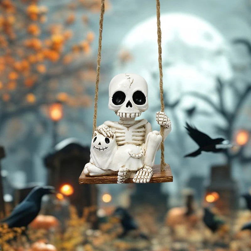 Liaoning Zhejiang Polyresin Halloween Swing Skull Holding Ghost GardenPatioDisplay Statue