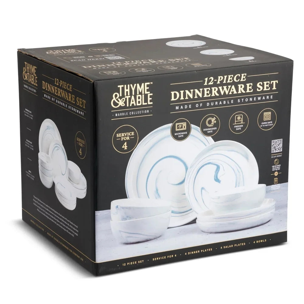 12 Piece Blue Marble Stoneware Dinnerware Set Microwave Safe Dishwasher Safe Kitchen Tableware