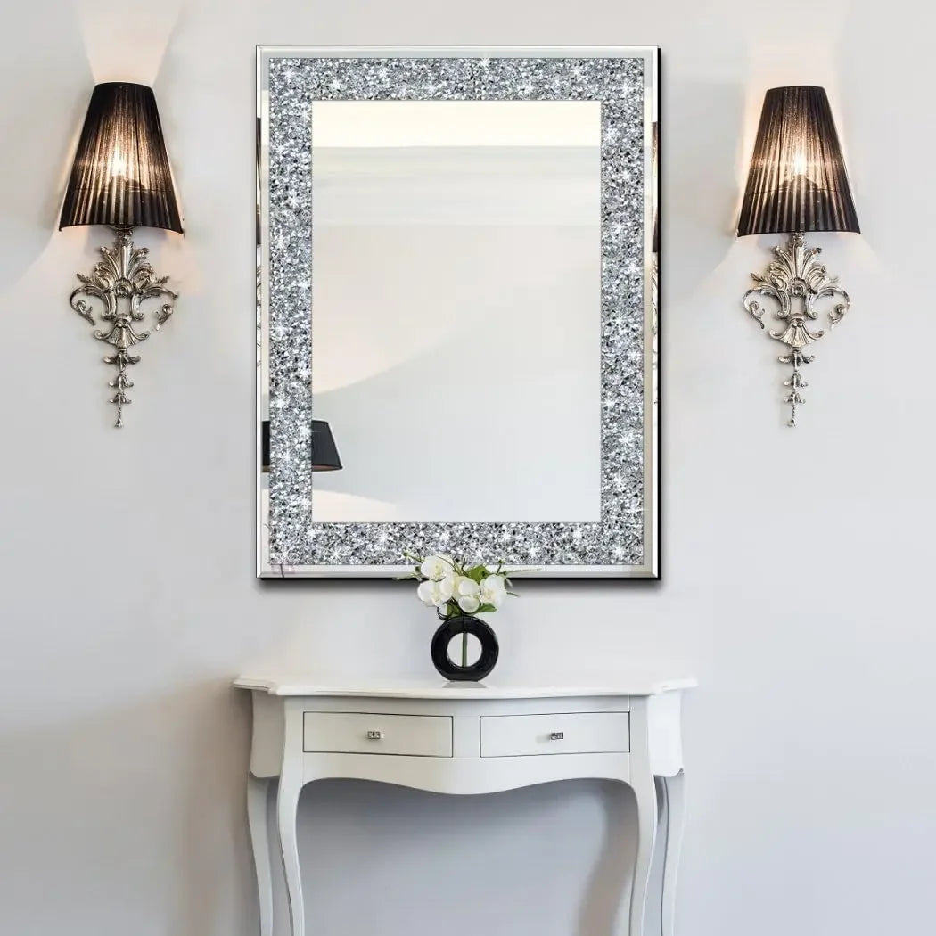 Crystal Crush Diamond Rectangle Wall Decoration 20x28 Inch Frameless Mirror Silver Acrylic Decor