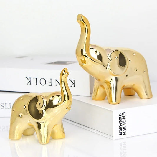 Ceramic Elephant Statue Pair Animal Sculpture Craft for Home Office Desktop Decor Wealth Lucky Gift
