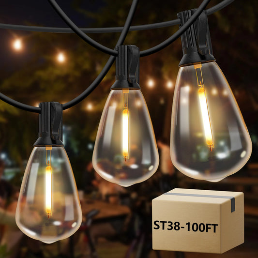 100ft Outdoor String Lights Waterproof ST38 Globe LED Patio Lights with 24 Edison Vintage Bulbs Connectable Outdoor Lights