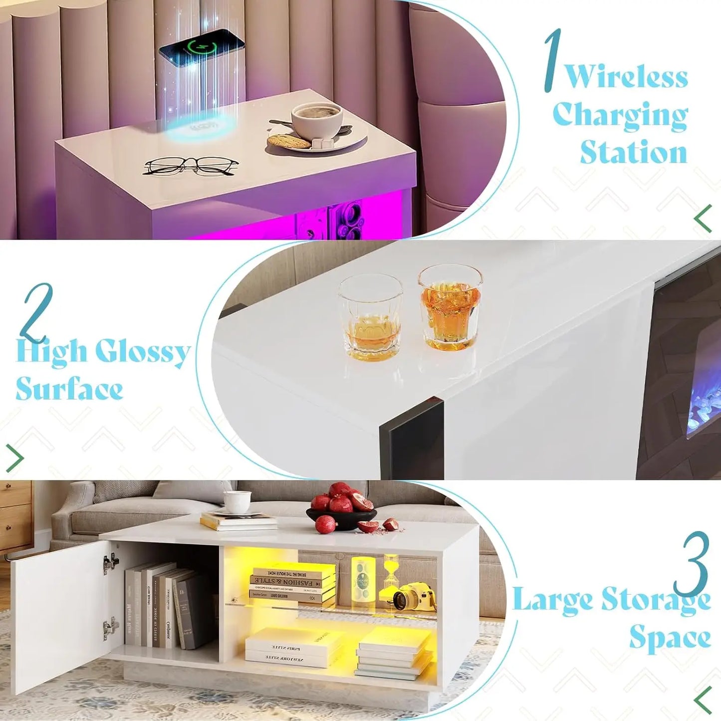 4 Piece Living Room Table Set Includes 70 Inch Fireplace TV Stand Modern Coffee Table LED Light Nightstands Set of 2 High Glossy Table Sets for Living Room Bedroom Office White and Black