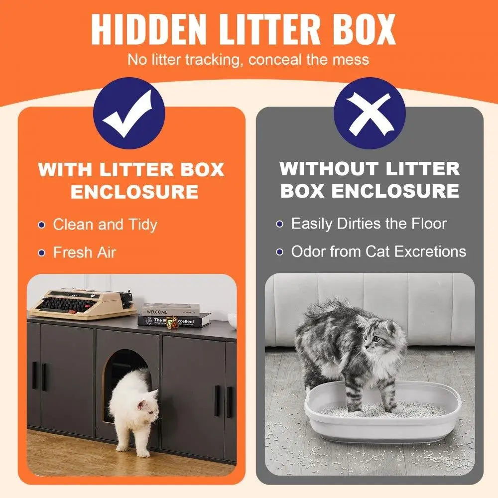 Cat Litter Box Furniture Solid Wood Extra Large 57.9 Inch Black Color