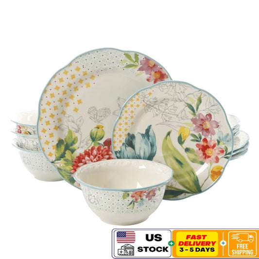 Blooming Bouquet 12 Piece Dinnerware Set Stoneware Dishwasher Safe Colorful Floral Patterns Elegant