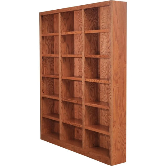 Traditional 84 Inch Tall 18 Shelf Triple Wide Wood Bookcase in Dry Oak