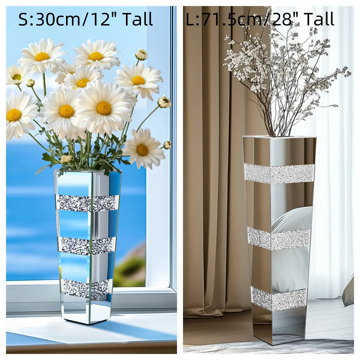 Modern Floor Flower Vase Decorative Crystal Silver Mirrored Floral Arrangement Vase