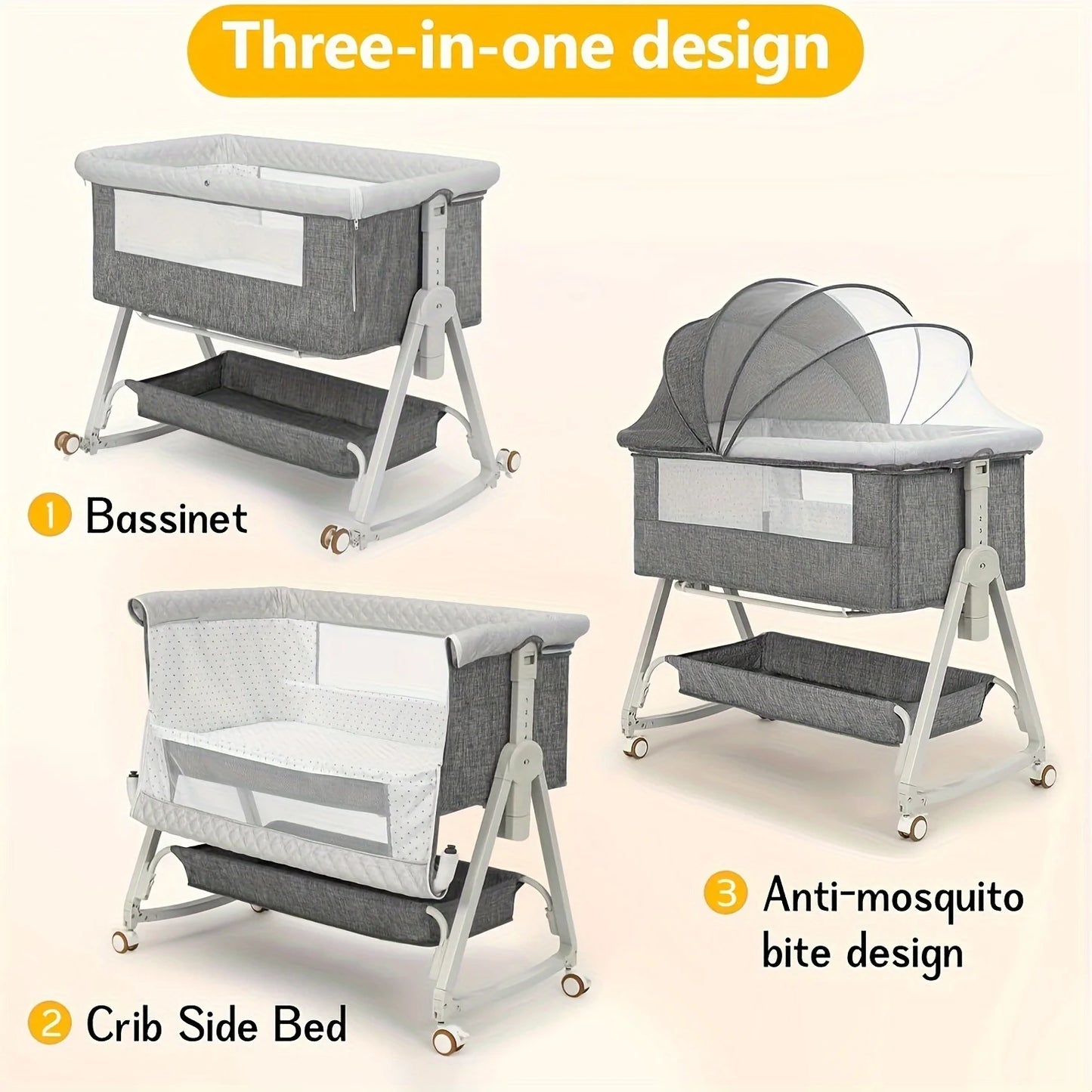 Baby Bassinet Bedside Sleeper 3 in 1 Portable Bassinet with Wheels