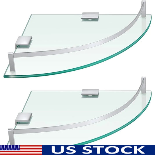 2 Pcs Glass Corner Shower Shelf Tempered Wall Mounted Floating Organizer Bathroom Storage Solution