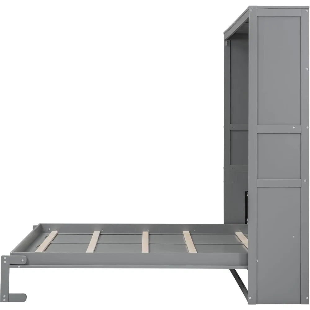 Merax Queen Size Murphy Bed Wood Queen Murphy Cabinet Bed with Shelves Wall Bed for Home Office or Small Room Gray