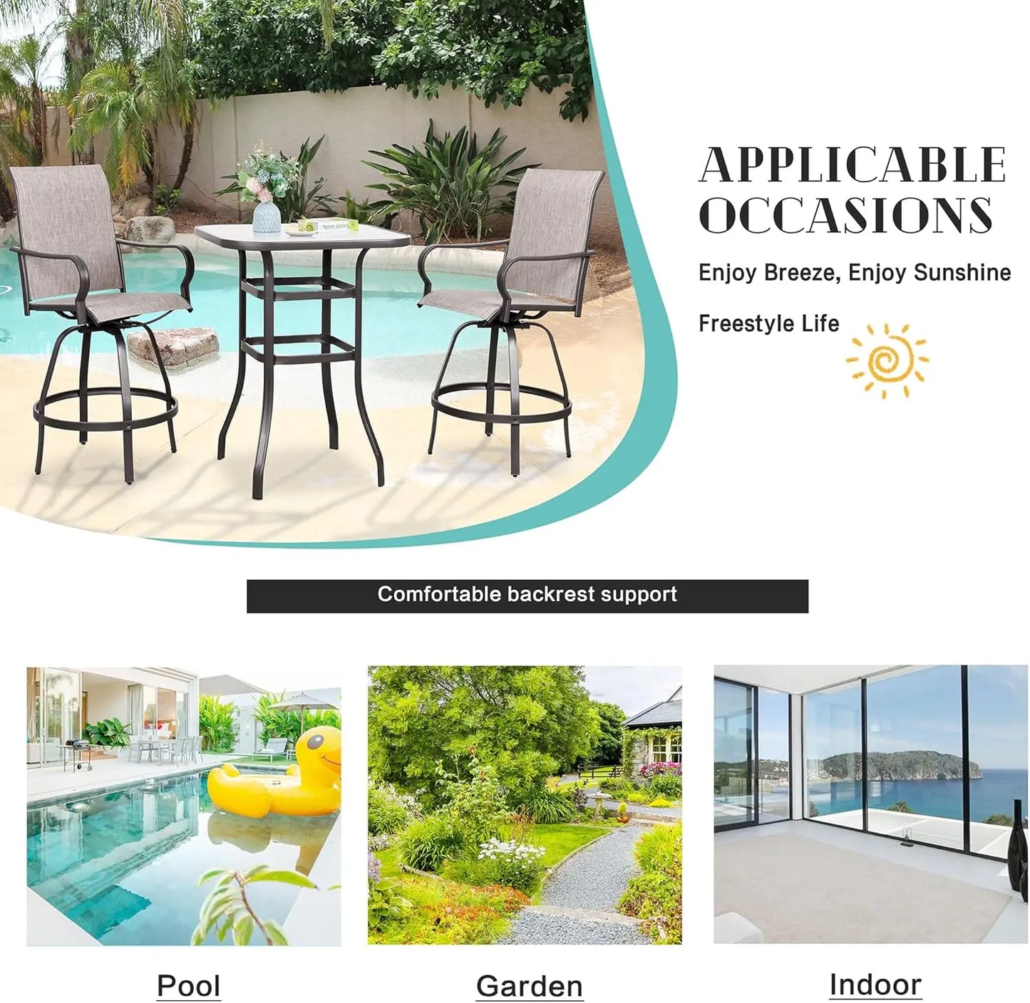 XMSJ Patio Swivel Bar Set All Weather Textilene Table