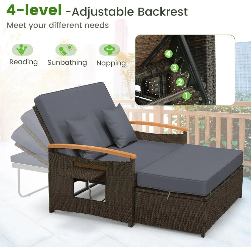 Patio Rattan Daybed Set with Cushioned Loveseat and Storage Ottoman Outdoor Double Chaise Lounger with Adjustable Back