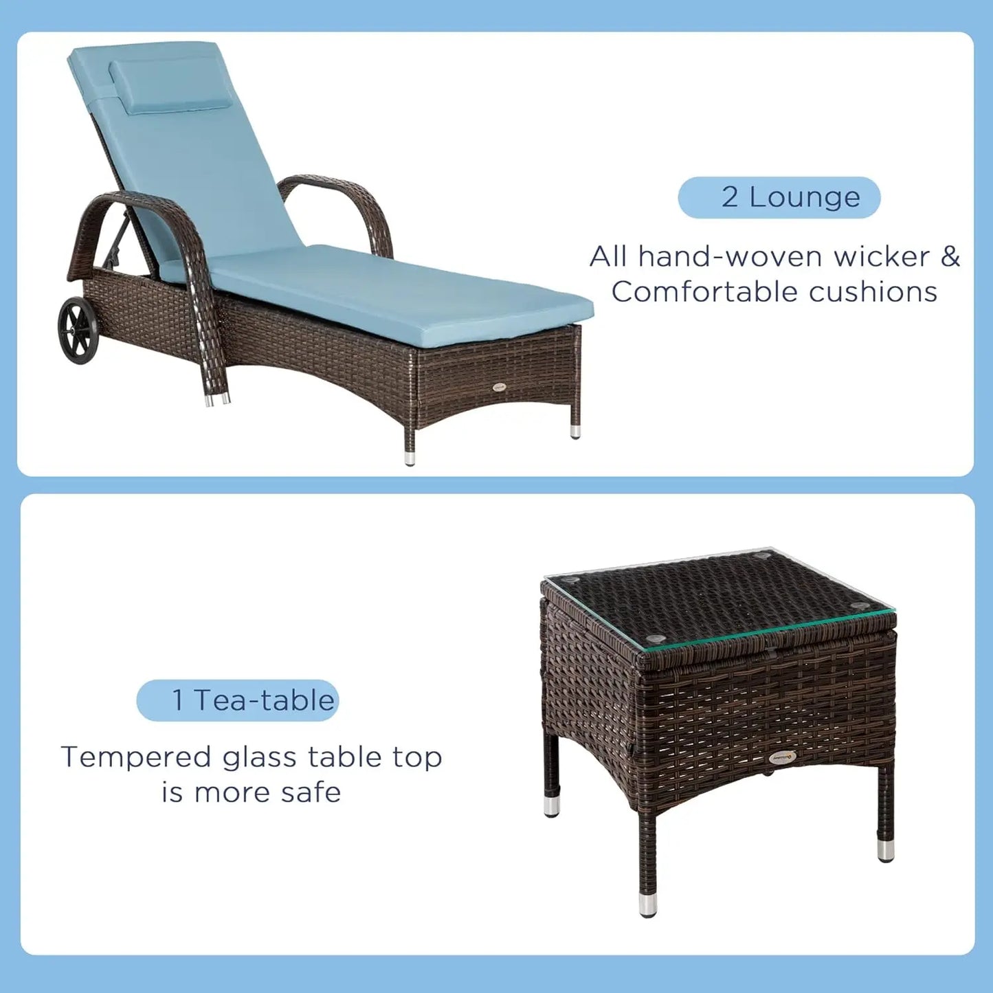 Wicker Outdoor Chaise Lounge Chair Set of 3 with Side Table 5-Level Adjustable Backrest PE Rattan Pool Lounge Chair with Wheels Cushion and Headrest Brown and Gray