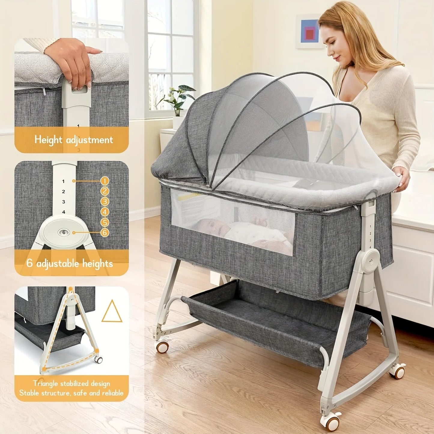 Baby Bassinet Bedside Sleeper 3 in 1 Portable Bassinet with Wheels