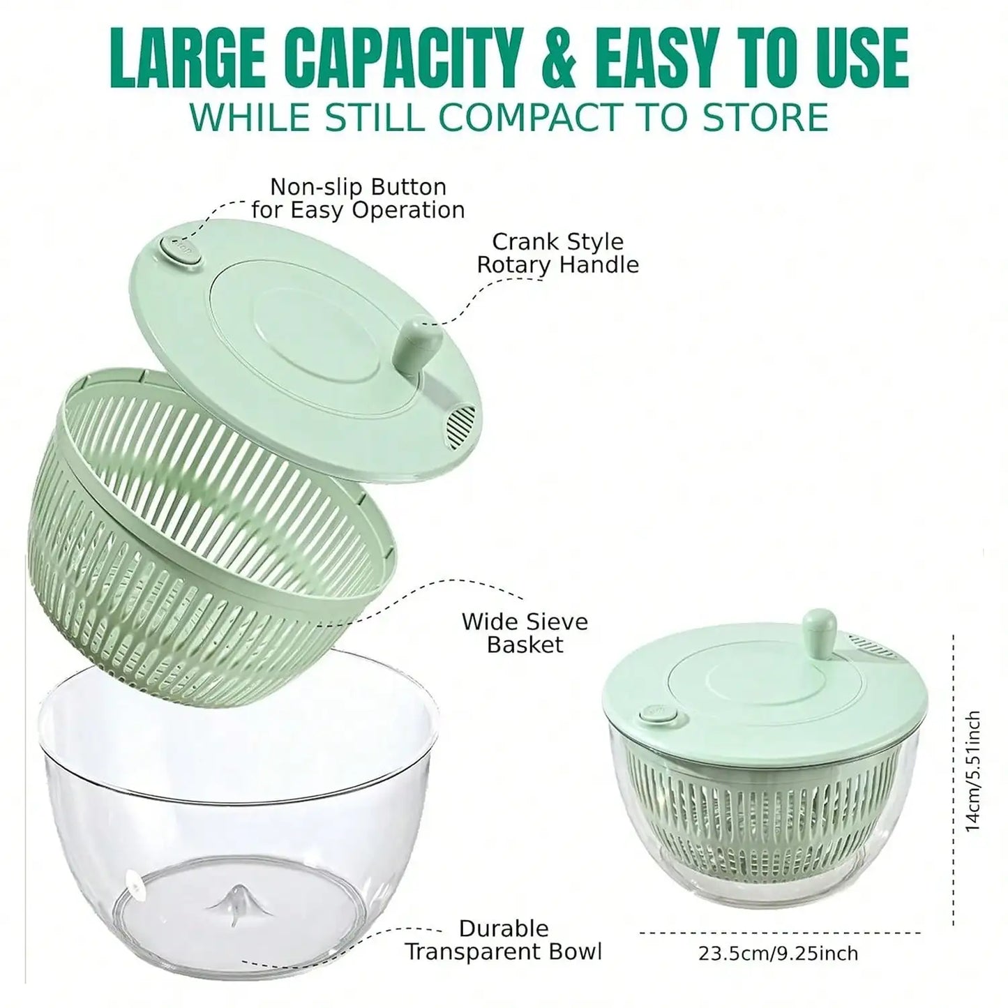 Salad Spinner with Lid Fresh Green 2-in-1 Wash Dehydrate and Dry Vegetables Fruits Salads Built-in Drain Function
