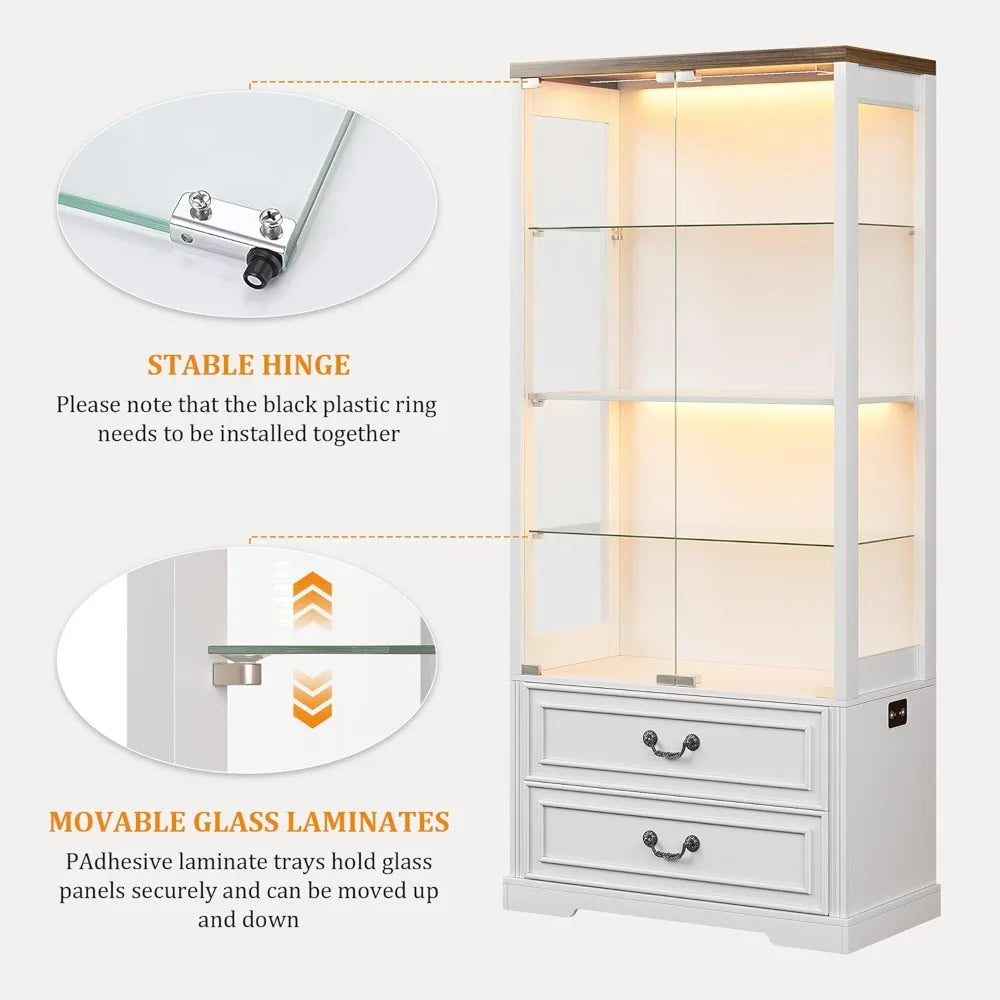 Display Cabinet with Glass Doors 67 Inch Adjustable Display Shelf 2 Drawers and 4 Tier Curio Cabinet Tall Bookcase with 3 Color Options