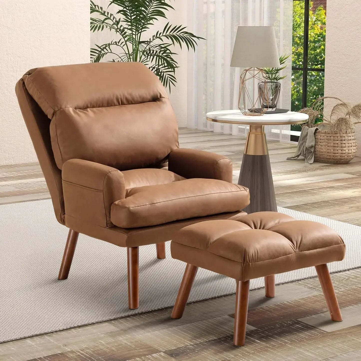 HUANZHUANG Accent Chair With Ottoman And Adjustable Backrest Side Pockets